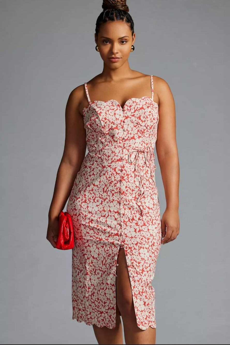 NWT By Anthropologie Slim Scalloped Front-Slit Corset Dress $170 PLUS 16W Red